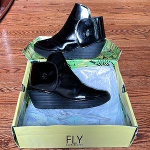 Fly London Size 9 Black Patent Velcro Strapped Fastening Wedge Ankle Booties
